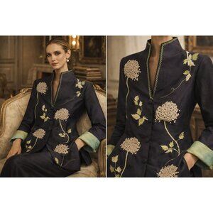 Yaly Couture Embroidered Jacket Silk Blend Chinoiserie Floral Coat Asian Style S
